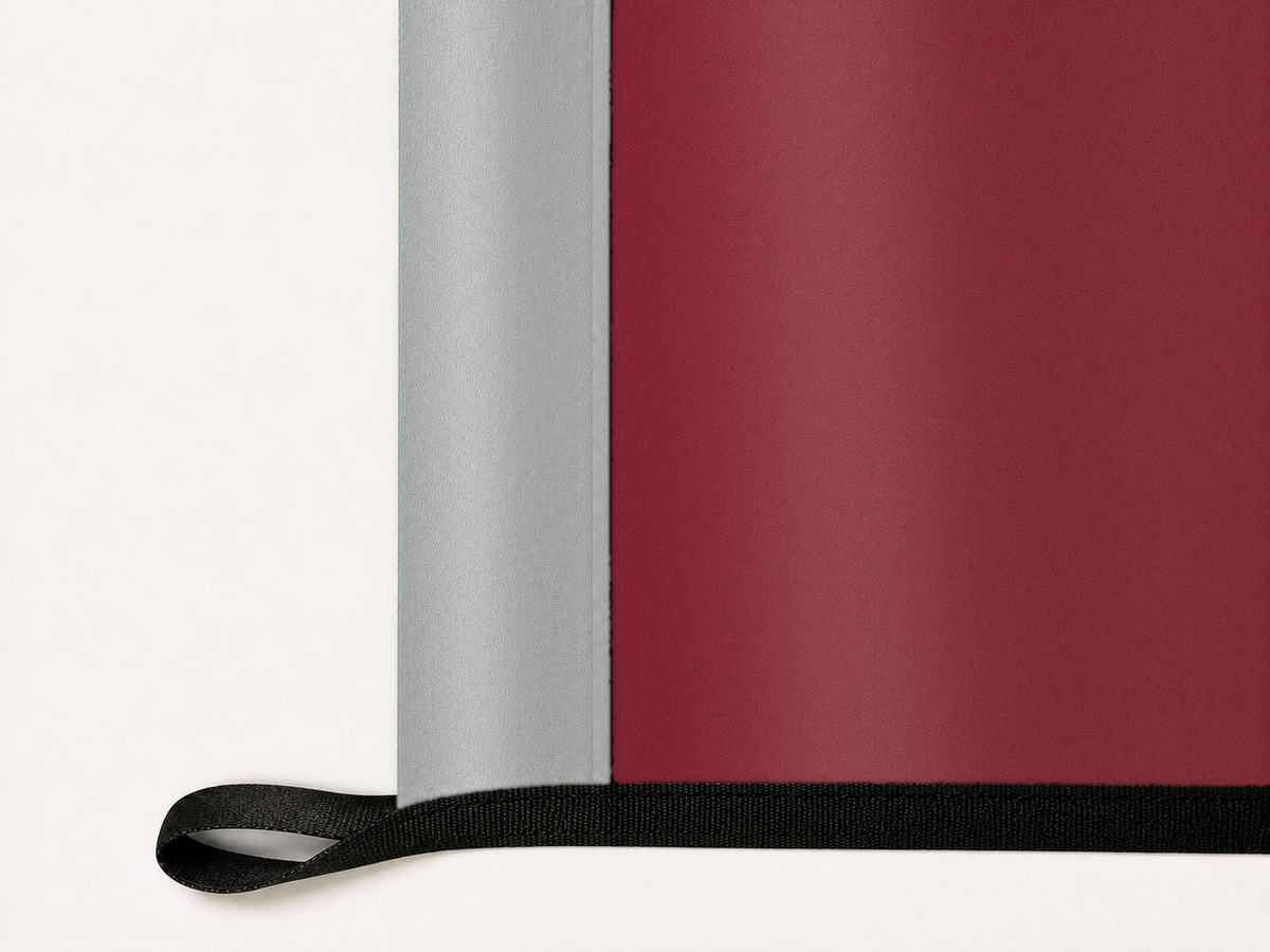 Troy Trojans Authentic Gameday Flag underside and personalization construction view — continuous restrained woven-satin Troy Trojans Accent header, textured Troy Trojans Primary face, lower black loop and perimeter webbing — source_sha256=2b76d8e7350c9a40ef3376ba2b09cc667035395c77eae50b5a6b7640a652220d