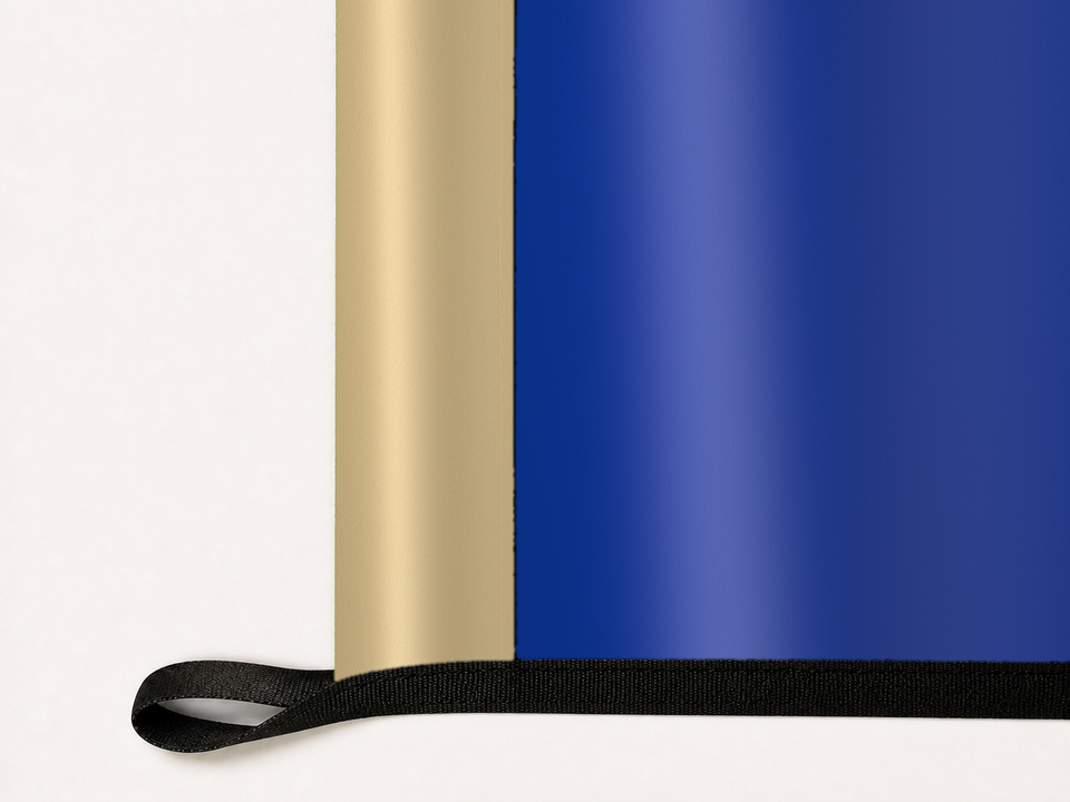 Tulsa Golden Hurricane Authentic Gameday Flag underside and personalization construction view — continuous restrained woven-satin Tulsa Golden Hurricane Accent header, textured Tulsa Golden Hurricane Primary face, lower black loop and perimeter webbing — source_sha256=b1e3a40beb73cc1e3341e744cecee375a4ed3e8f7eeb374c9b36550fe646cc7e
