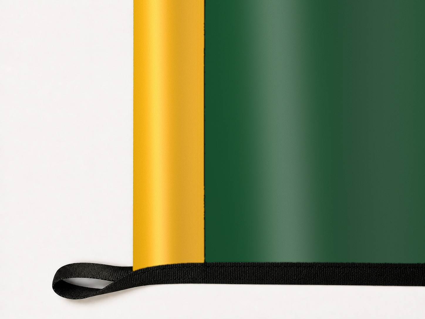 UAB Blazers Authentic Gameday Flag underside and personalization construction view — continuous restrained woven-satin UAB Blazers Accent header, textured UAB Blazers Primary face, lower black loop and perimeter webbing — source_sha256=9e1c52bce5d3229fb11c0c4fe1770638fe0f3a42775608d01bf140e10847f5e2