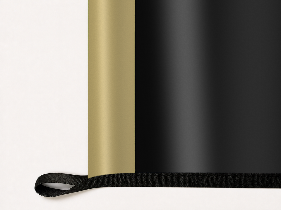 UCF Knights Authentic Gameday Flag underside and personalization construction view — continuous restrained woven-satin UCF Knights Accent header, textured UCF Knights Primary face, lower black loop and perimeter webbing — source_sha256=9dd7ff987b25f75c5efde957632466e8b5629ae4730f34d710ad869d735856eb
