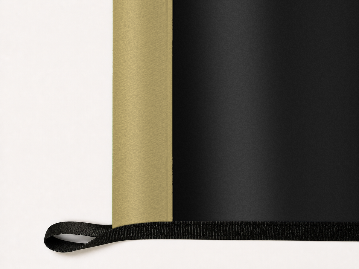 UCF Knights Authentic Gameday Flag underside and personalization construction view — continuous restrained woven-satin UCF Knights Accent header, textured UCF Knights Primary face, lower black loop and perimeter webbing — source_sha256=6aee7a101ab6a09bed36f0ff3cb2ac16c95f4304a8fedf8530b808bf63f21d2f