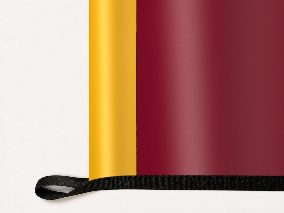 UL Monroe Warhawks Authentic Gameday Flag underside and personalization construction view — continuous restrained woven-satin UL Monroe Warhawks Accent header, textured UL Monroe Warhawks Primary face, lower black loop and perimeter webbing — source_sha256=1b8423c4657f264c3bb089df0c77ac1738bef1f77442df2ad03f8ff71ce40e52