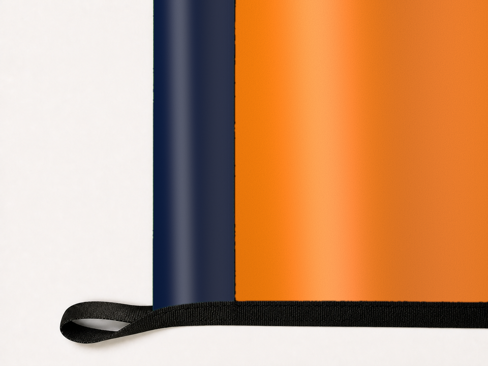 UTEP Miners Authentic Gameday Flag underside and personalization construction view — continuous restrained woven-satin UTEP Miners Accent header, textured UTEP Miners Primary face, lower black loop and perimeter webbing — source_sha256=de5fbb24e2cc5edb307e0ca030420ac43f9cc1004eb4dca7bdb2426397c3e901