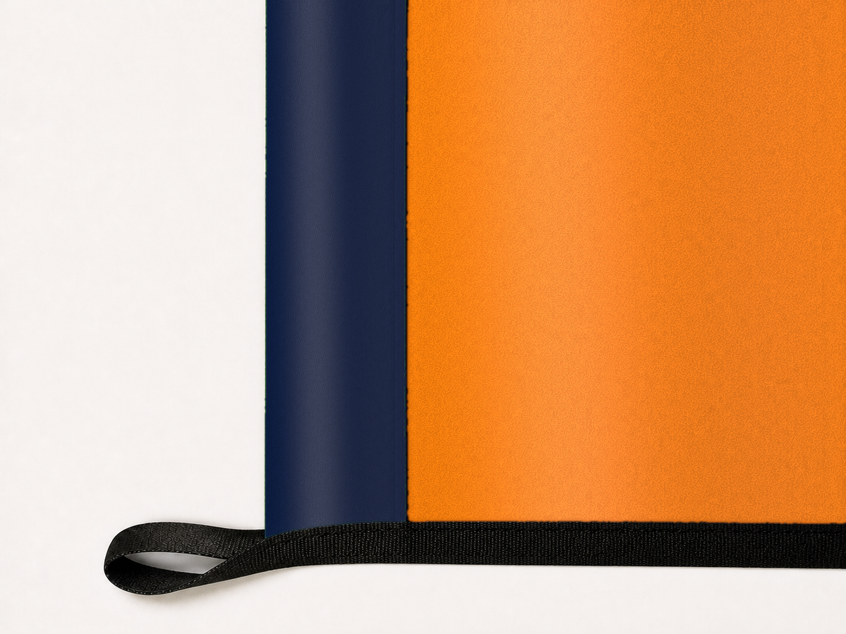 UTEP Miners Authentic Gameday Flag underside and personalization construction view — continuous restrained woven-satin UTEP Miners Accent header, textured UTEP Miners Primary face, lower black loop and perimeter webbing — source_sha256=9c6d9184be5f762a0da21cb7735e92659b311f71e05c0407c046adbe66d17a93