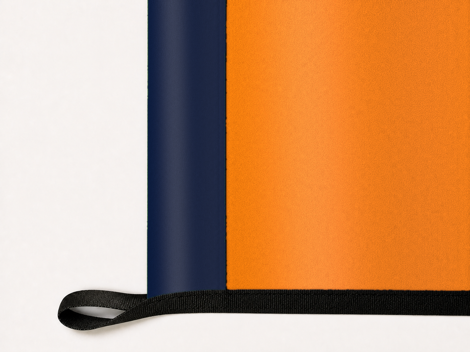 UTEP Miners Authentic Gameday Flag underside and personalization construction view — continuous restrained woven-satin UTEP Miners Accent header, textured UTEP Miners Primary face, lower black loop and perimeter webbing — source_sha256=9c6d9184be5f762a0da21cb7735e92659b311f71e05c0407c046adbe66d17a93