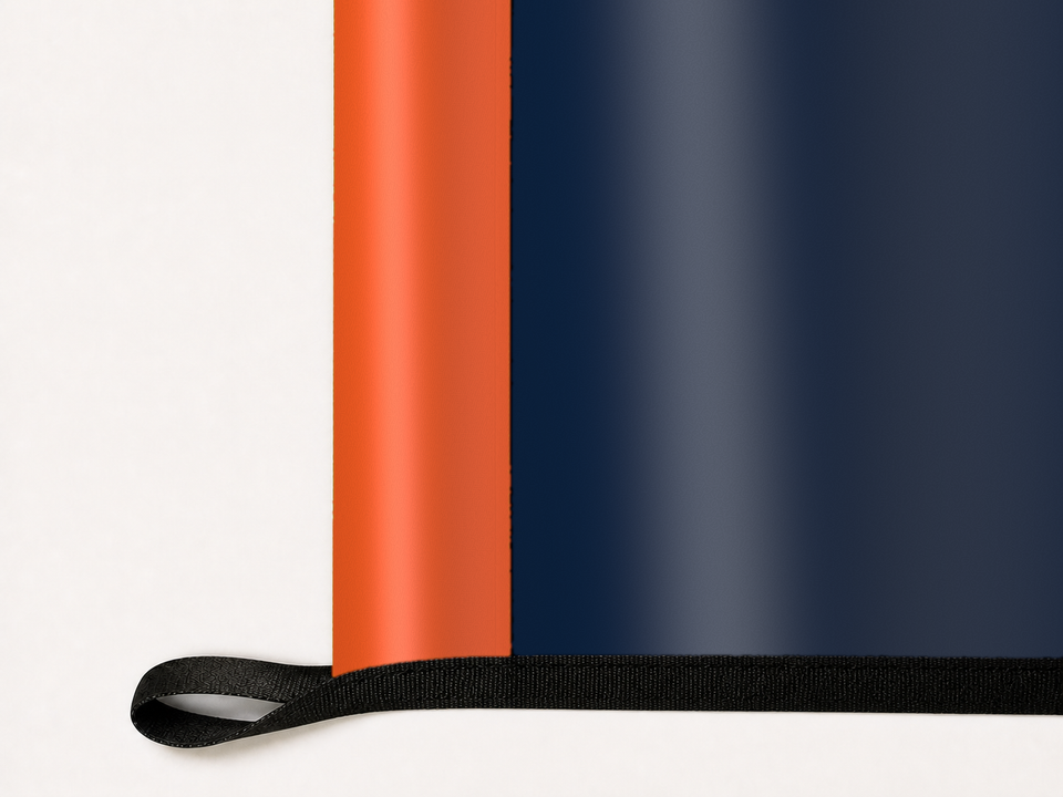 UTSA Roadrunners Authentic Gameday Flag underside and personalization construction view — continuous restrained woven-satin UTSA Roadrunners Accent header, textured UTSA Roadrunners Primary face, lower black loop and perimeter webbing — source_sha256=23388dcf0aec540daf8f24604b3dd146632a4d830f328921e2194378a5d6179a