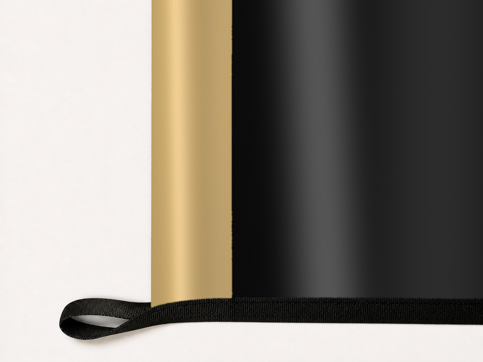 Vanderbilt Commodores Authentic Gameday Flag underside and personalization construction view — continuous restrained woven-satin Vanderbilt Commodores Accent header, textured Vanderbilt Commodores Primary face, lower black loop and perimeter webbing — source_sha256=899e7b43e9d20e348b90c3eaf6dbbf61c551e654a792306ca8db5abb133387bc