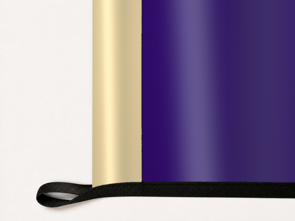 Washington Huskies Authentic Gameday Flag underside and personalization construction view — continuous restrained woven-satin Washington Huskies Accent header, textured Washington Huskies Primary face, lower black loop and perimeter webbing — source_sha256=c0ca7a41ed2fbbff7b23d5252a515b0bc9ae173409e6c0540d05bd16477f5289