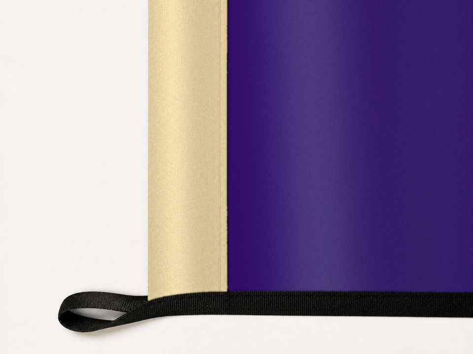 Washington Huskies Authentic Gameday Flag underside and personalization construction view — continuous restrained woven-satin Washington Huskies Accent header, textured Washington Huskies Primary face, lower black loop and perimeter webbing — source_sha256=19503d5fd9141fa8d686a267432d9db40e9599833e8ca12a603879ee9cb09691