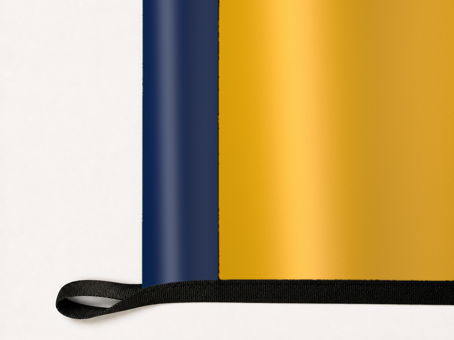 West Virginia Mountaineers Authentic Gameday Flag underside and personalization construction view — continuous restrained woven-satin West Virginia Mountaineers Accent header, textured West Virginia Mountaineers Primary face, lower black loop and perimeter webbing — source_sha256=0cfa0ad3b967495017a476b81b4aedffdba1ef1ffa7e22dde877d65f517e8f69