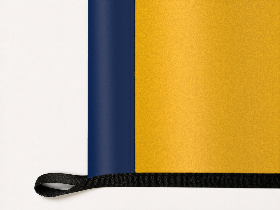 West Virginia Mountaineers Authentic Gameday Flag underside and personalization construction view — continuous restrained woven-satin West Virginia Mountaineers Accent header, textured West Virginia Mountaineers Primary face, lower black loop and perimeter webbing — source_sha256=7e68dba0472452358e2554f75c31a1e5e86b11ecbcd9b7974b6a4a8042a7d079