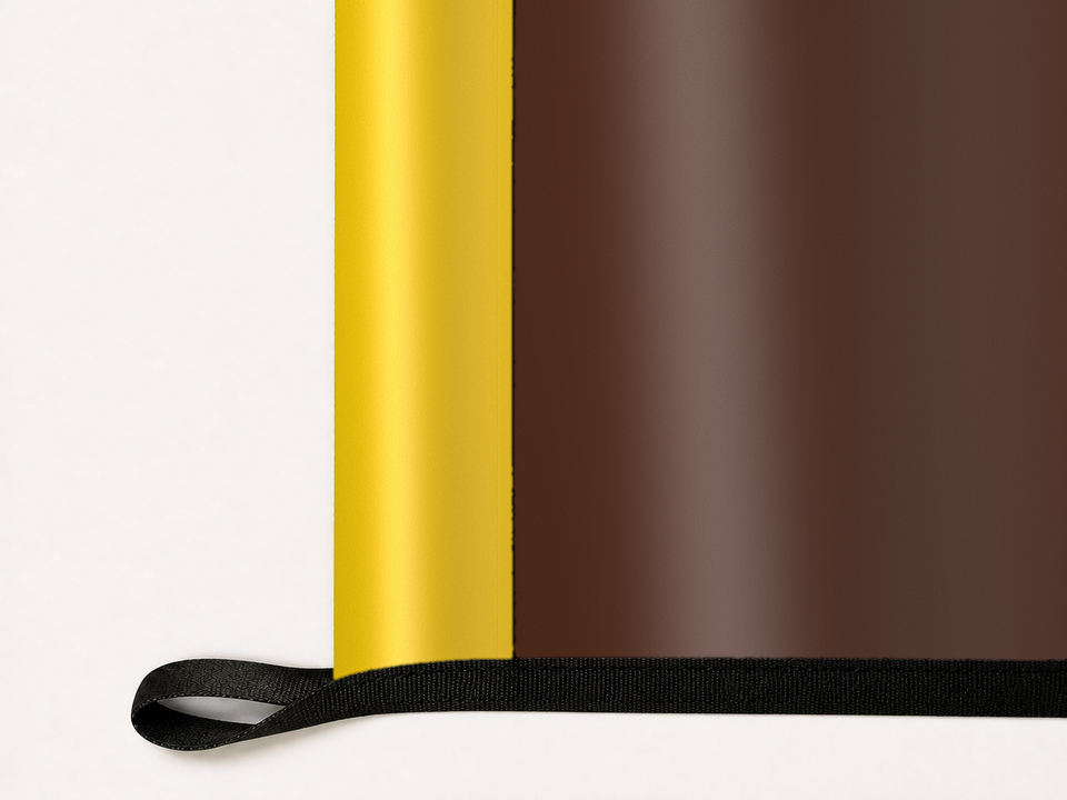 Western Michigan Broncos Authentic Gameday Flag underside and personalization construction view — continuous restrained woven-satin Western Michigan Broncos Accent header, textured Western Michigan Broncos Primary face, lower black loop and perimeter webbing — source_sha256=bd37e216b2cf48978c17e1de0d172a99b2c6b1340ad13f068d5c602f2af8d218