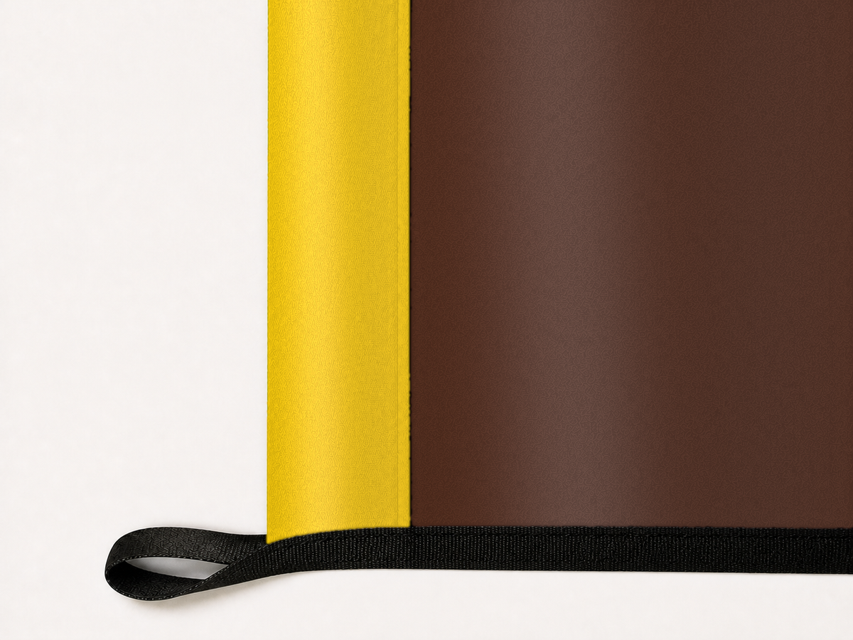 Western Michigan Broncos Authentic Gameday Flag underside and personalization construction view — continuous restrained woven-satin Western Michigan Broncos Accent header, textured Western Michigan Broncos Primary face, lower black loop and perimeter webbing — source_sha256=c538de39443113bb6f392a271eadf29d19b3516bf408268417cd708da00f2e7a