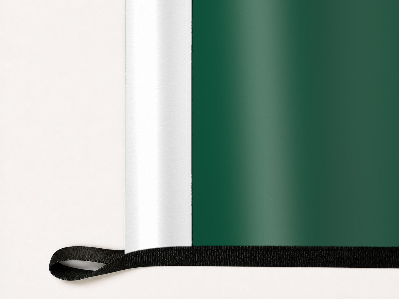 New York Jets Authentic Gameday Flag underside and personalization construction view — continuous restrained woven-satin New York Jets Accent header, textured New York Jets Primary face, lower black loop and perimeter webbing — source_sha256=477e2c2c293bc3fab0211ec79b2cee569cc743216e88f754f820b52e81015416
