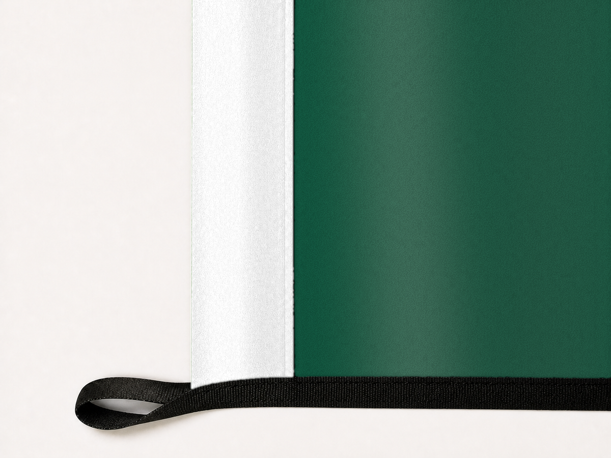 New York Jets Authentic Gameday Flag underside and personalization construction view — continuous restrained woven-satin New York Jets Accent header, textured New York Jets Primary face, lower black loop and perimeter webbing — source_sha256=f2bbe0aa57e331c4fb5ee25625596c81c29270b36cd564c5e5375e6b2973fb5c