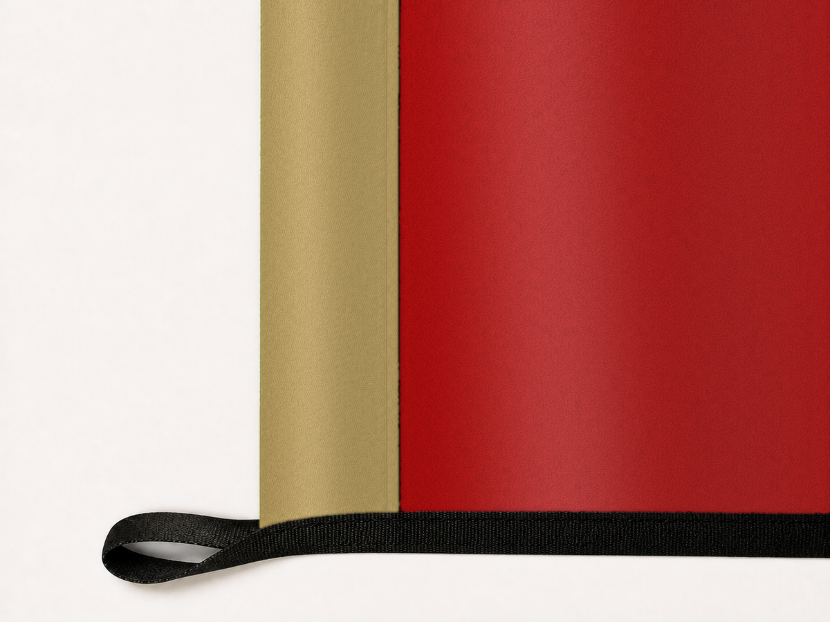 San Francisco 49ers Authentic Gameday Flag underside and personalization construction view — continuous restrained woven-satin 49ers Gold header, textured 49ers Red face, lower black loop and perimeter webbing — source_sha256=6ad4662e0703b444ad7f9ca0e377f26c2787e5509080e76ab89922083b47008a