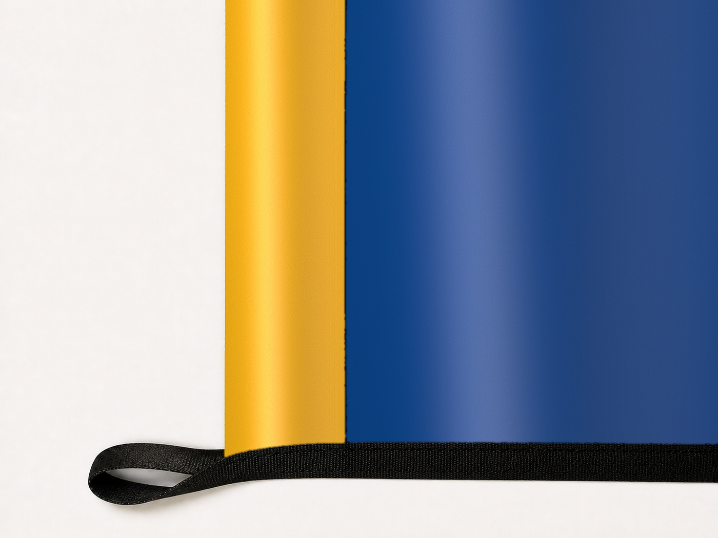 Buffalo Sabres Authentic Gameday Flag underside and personalization construction view — continuous restrained woven-satin Buffalo Sabres Accent header, textured Buffalo Sabres Primary face, lower black loop and perimeter webbing — source_sha256=53143b63a8d5b59124829ed68e953f6543b83194bea952148aec0a110c39a1de