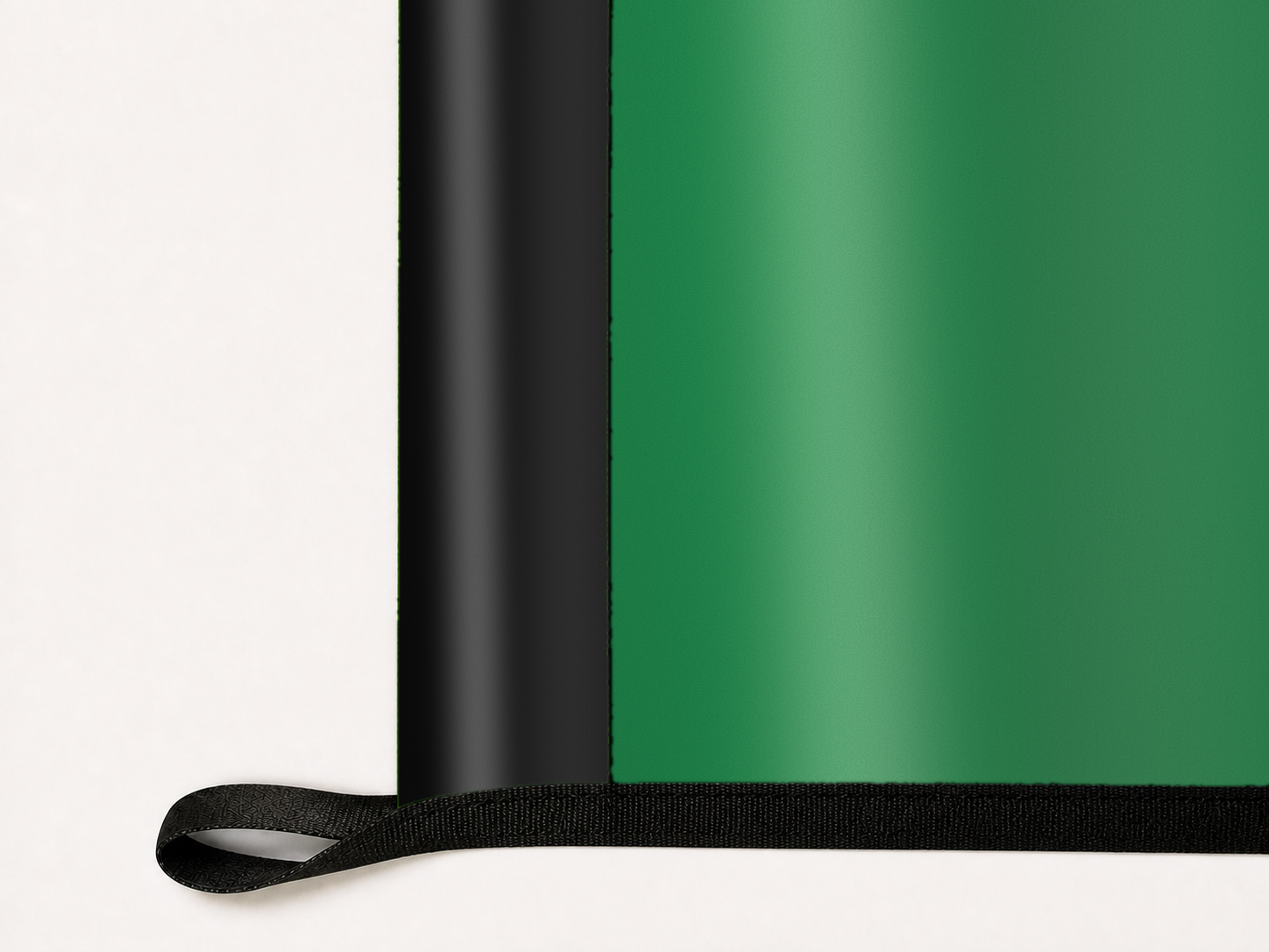 Dallas Stars Authentic Gameday Flag underside and personalization construction view — continuous restrained woven-satin Dallas Stars Accent header, textured Dallas Stars Primary face, lower black loop and perimeter webbing — source_sha256=751bb8d0dda62c3bb8bbfe51d1b1ada0cebeab34a585b9ed694eb8101a24d92b