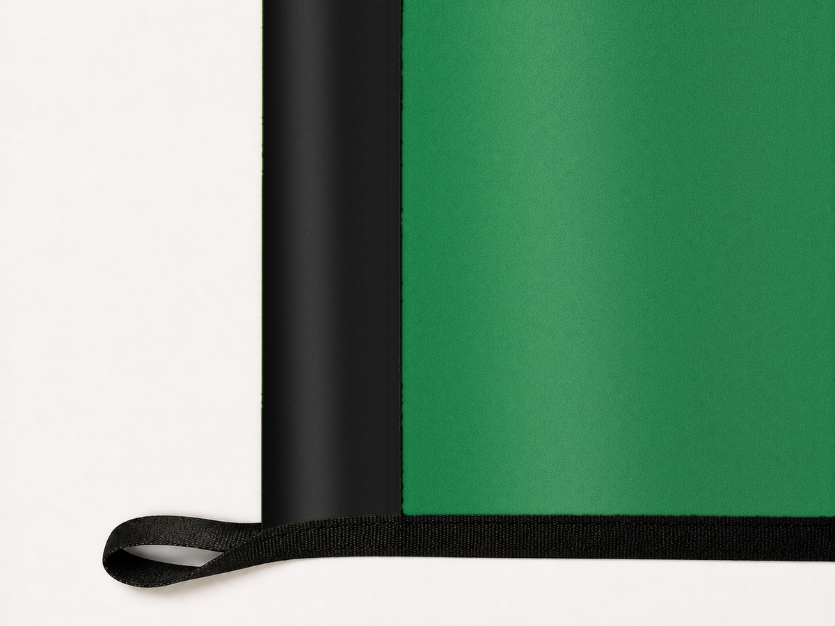 Dallas Stars Authentic Gameday Flag underside and personalization construction view — continuous restrained woven-satin Dallas Stars Accent header, textured Dallas Stars Primary face, lower black loop and perimeter webbing — source_sha256=d58be5b1c3a5936a0b7d8f1bebe26295ef60de070e51f859f65cbea3699e0a85