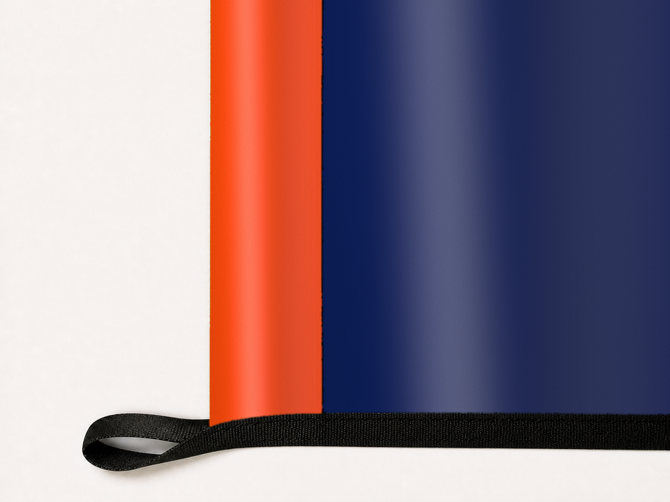 Edmonton Oilers Authentic Gameday Flag underside and personalization construction view — continuous restrained woven-satin Edmonton Oilers Accent header, textured Edmonton Oilers Primary face, lower black loop and perimeter webbing — source_sha256=5efe281e9da34e0499a9652e032e0b3763a4a339e016dbfe631ae22a75ada099