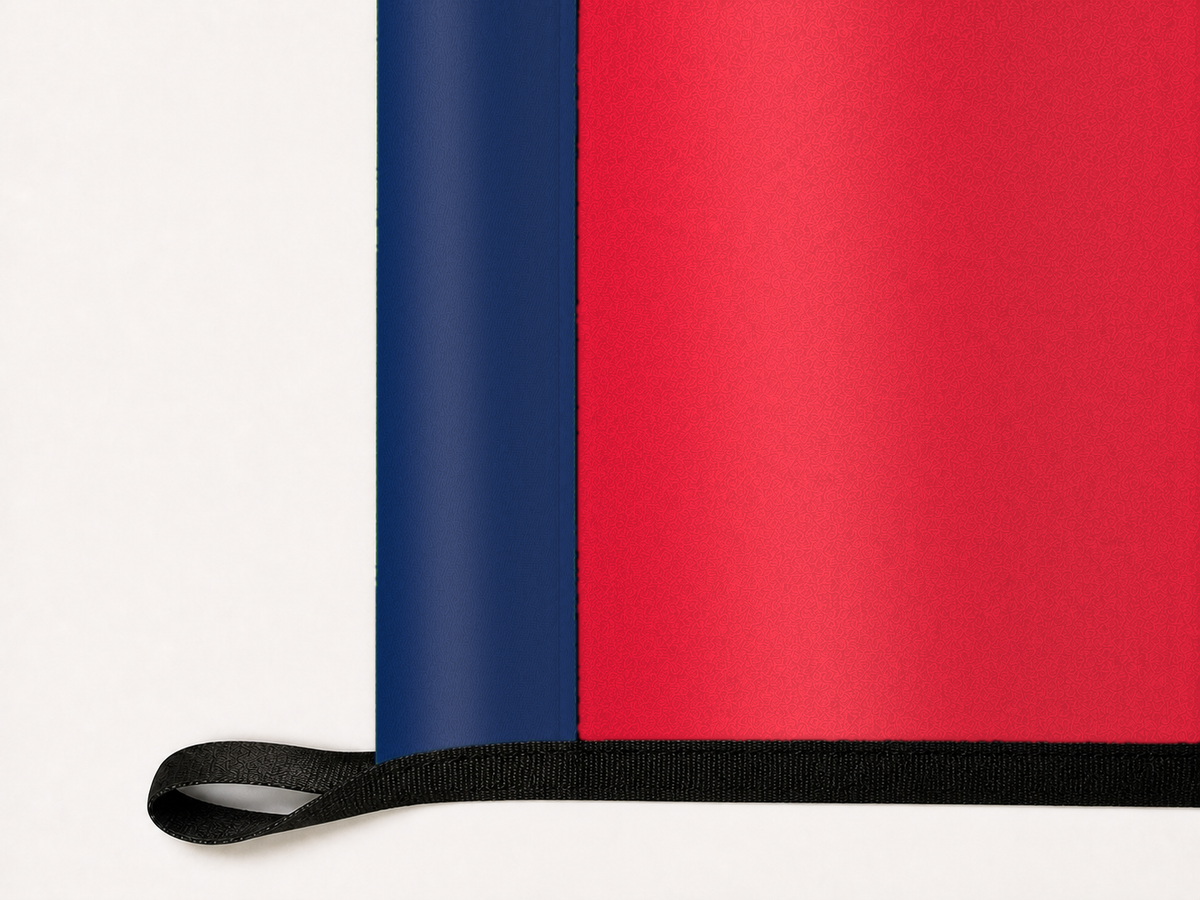 Florida Panthers Authentic Gameday Flag underside and personalization construction view — continuous restrained woven-satin Florida Panthers Accent header, textured Florida Panthers Primary face, lower black loop and perimeter webbing — source_sha256=6fa6c124e40258a659fa5c5cb37359c18b8fa5c3ef202765184c0196602a52f2