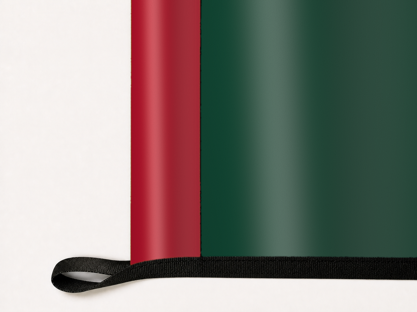 Minnesota Wild Authentic Gameday Flag underside and personalization construction view — continuous restrained woven-satin Minnesota Wild Accent header, textured Minnesota Wild Primary face, lower black loop and perimeter webbing — source_sha256=e72b4dc878b1c69fd590405caf8552d8b87f4aa7c5afb6f09aca9bc0e594518c