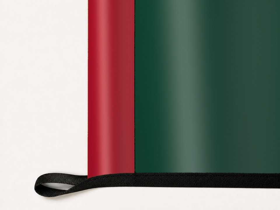 Minnesota Wild Authentic Gameday Flag underside and personalization construction view — continuous restrained woven-satin Minnesota Wild Accent header, textured Minnesota Wild Primary face, lower black loop and perimeter webbing — source_sha256=e72b4dc878b1c69fd590405caf8552d8b87f4aa7c5afb6f09aca9bc0e594518c