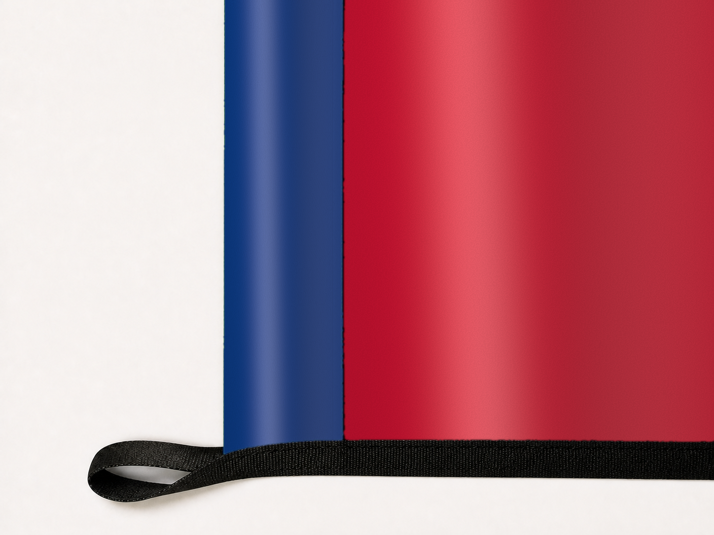 Montreal Canadiens Authentic Gameday Flag underside and personalization construction view — continuous restrained woven-satin Montreal Canadiens Accent header, textured Montreal Canadiens Primary face, lower black loop and perimeter webbing — source_sha256=f3628a3d834a42ee8bc28a879127b2ceaf336af6f7c8bba5e5b805cc6e0732b9