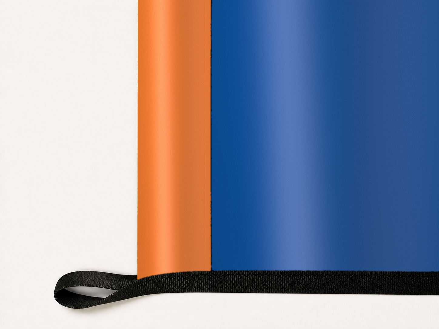 New York Islanders Authentic Gameday Flag underside and personalization construction view — continuous restrained woven-satin New York Islanders Accent header, textured New York Islanders Primary face, lower black loop and perimeter webbing — source_sha256=22fdcc300292f5d97316a89b6731993bf707c2a27ddaf43b7b1c6bea84cc6a25