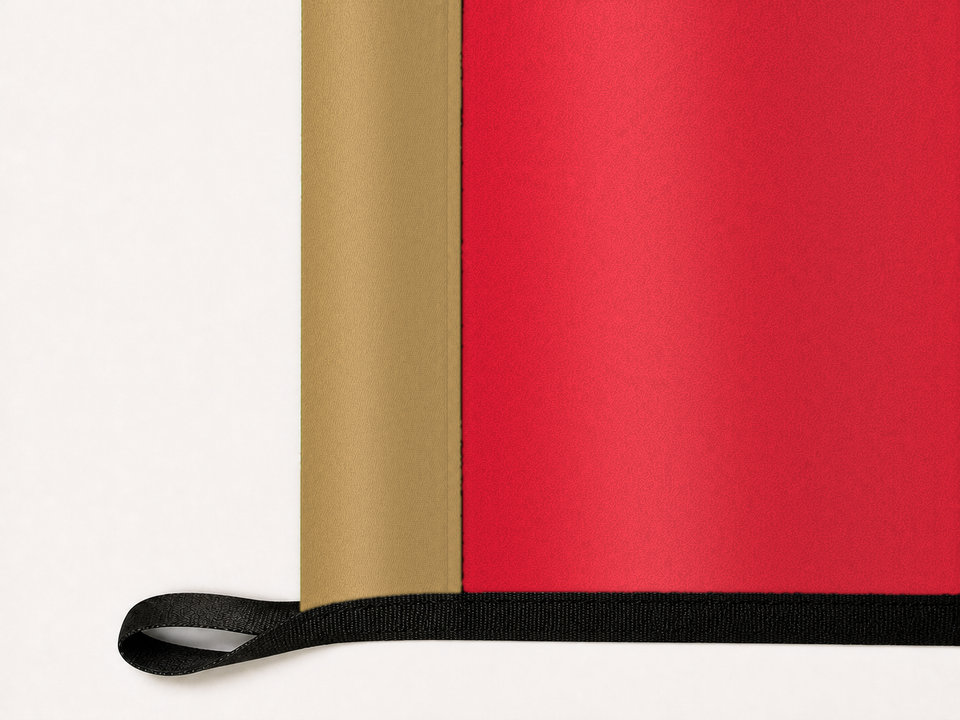 Ottawa Senators Authentic Gameday Flag underside and personalization construction view — continuous restrained woven-satin Ottawa Senators Accent header, textured Ottawa Senators Primary face, lower black loop and perimeter webbing — source_sha256=dbcd8af185e58db936f3143a6d31c77e0ef9703e014c71ff7fdec0c4652ba21a