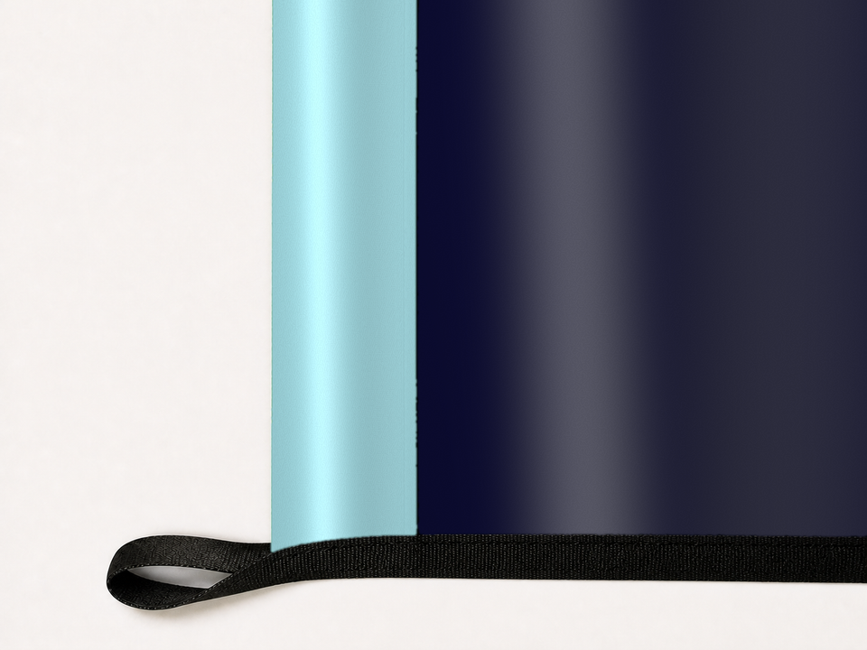 Seattle Kraken Authentic Gameday Flag underside and personalization construction view — continuous restrained woven-satin Seattle Kraken Accent header, textured Seattle Kraken Primary face, lower black loop and perimeter webbing — source_sha256=fd7f2104780b5cef29fe4e5f4a11322d9fa62c3f80c115bae2f05f0b2dc03499