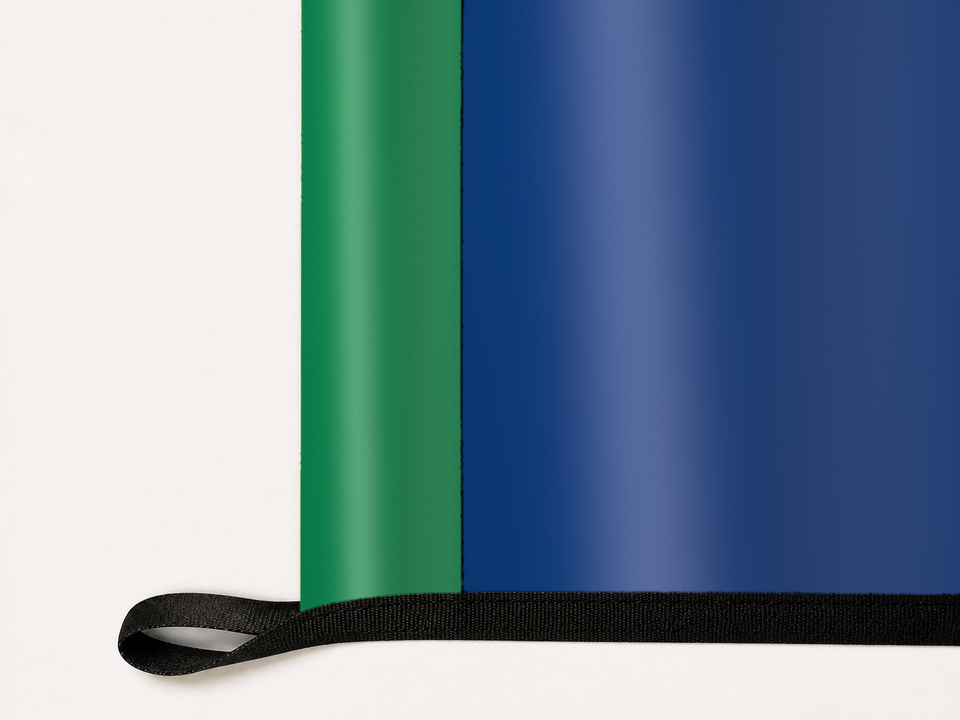 Vancouver Canucks Authentic Gameday Flag underside and personalization construction view — continuous restrained woven-satin Vancouver Canucks Accent header, textured Vancouver Canucks Primary face, lower black loop and perimeter webbing — source_sha256=5e77677f29d7c2e43b94e77b61b25e9e21696b72a62f85016b1455a23b934003