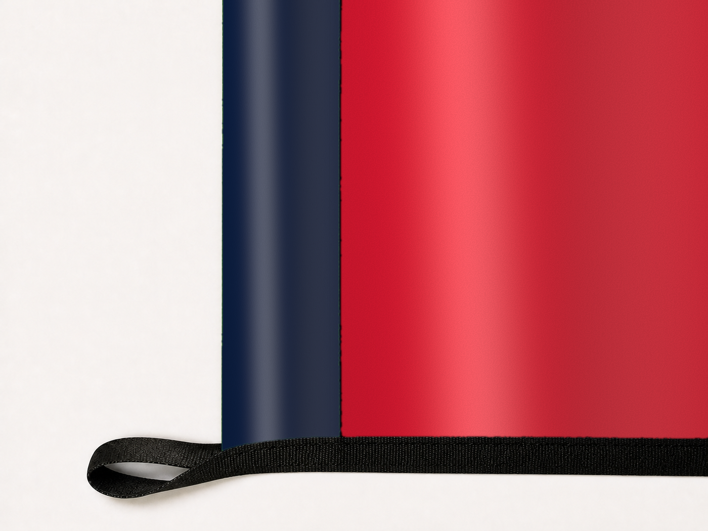Washington Capitals Authentic Gameday Flag underside and personalization construction view — continuous restrained woven-satin Washington Capitals Accent header, textured Washington Capitals Primary face, lower black loop and perimeter webbing — source_sha256=7e4dc7575f19aee073024dfa7f0517a35ac5faf8cb6969d5533c5e7c4fec4e2a