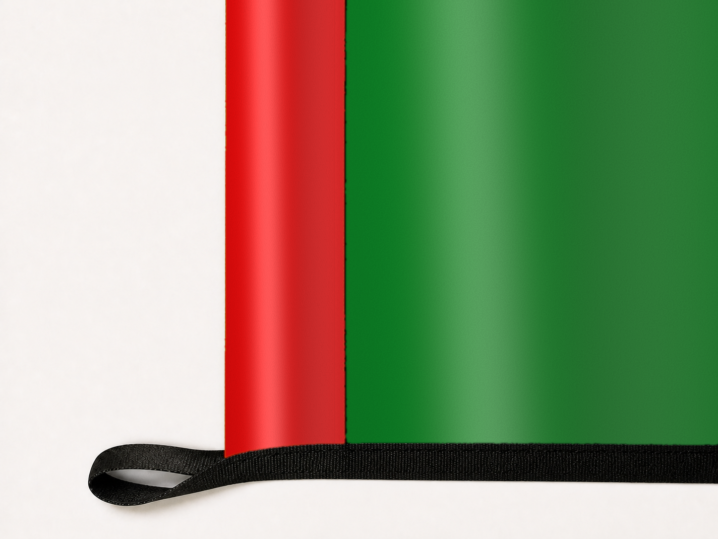Classic Rainbow Flag Authentic Gameday Flag underside and personalization construction view — continuous restrained woven-satin Classic Rainbow Flag Accent header, textured Classic Rainbow Flag Primary face, lower black loop and perimeter webbing — source_sha256=9e241807ccf83ded34456fe249a3f31f3a21cbcddcbb821768f74c83924a9db3