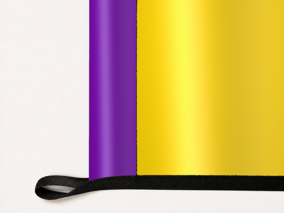 Intersex Flag Authentic Gameday Flag underside and personalization construction view — continuous restrained woven-satin Intersex Flag Accent header, textured Intersex Flag Primary face, lower black loop and perimeter webbing — source_sha256=5e5ca6474f9f76cf41e44e4735fcb23bad24d8701ec8d5013e29b247a6df136b