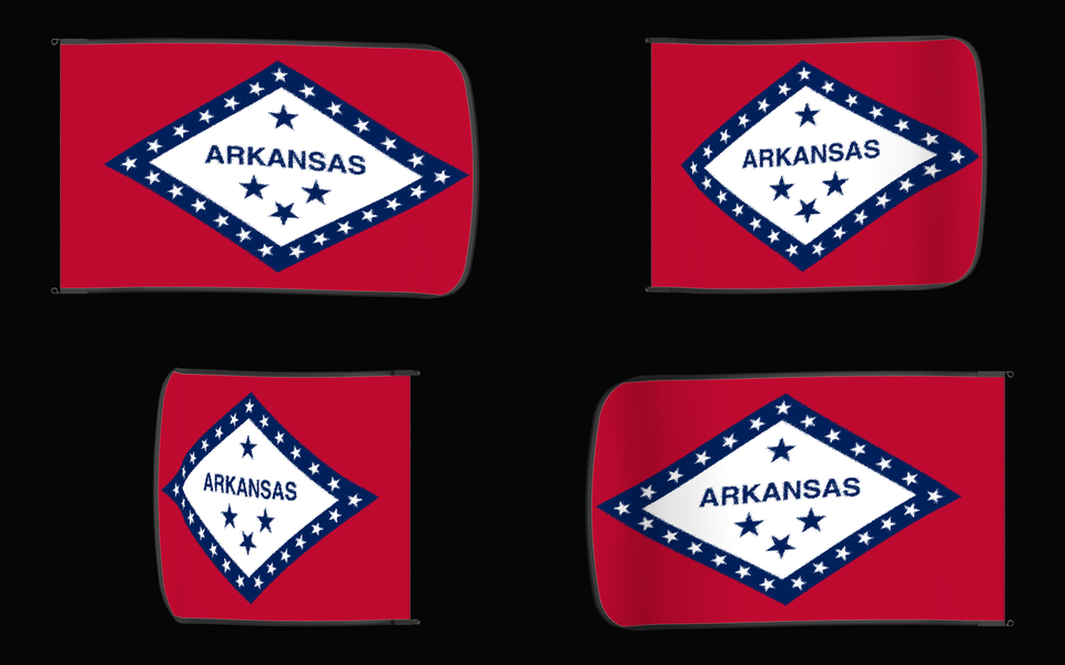 Arkansas State Flag Authentic Gameday Flag — clean black four-view contact proof showing Front Design, Front Flying, Back Flying, and Back Design — source_sha256=14d4734b15c315862da2fa7999eaf498d79be3173598766f804dd5c82cff79f1