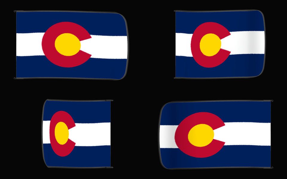 Colorado State Flag Authentic Gameday Flag — clean black four-view contact proof showing Front Design, Front Flying, Back Flying, and Back Design — source_sha256=20b6779ec868b800f0d4edb45d18e53fc9c787fa53ee3885d0a4001559727a2d