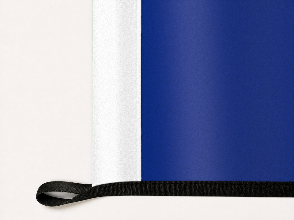 Connecticut State Flag Authentic Gameday Flag underside and personalization construction view — continuous restrained woven-satin Connecticut State Flag Accent header, textured Connecticut State Flag Primary face, lower black loop and perimeter webbing — source_sha256=09fb9158e29939596038e1c29f09ba12cec6bb9901aecf7639199c5a3514c66e
