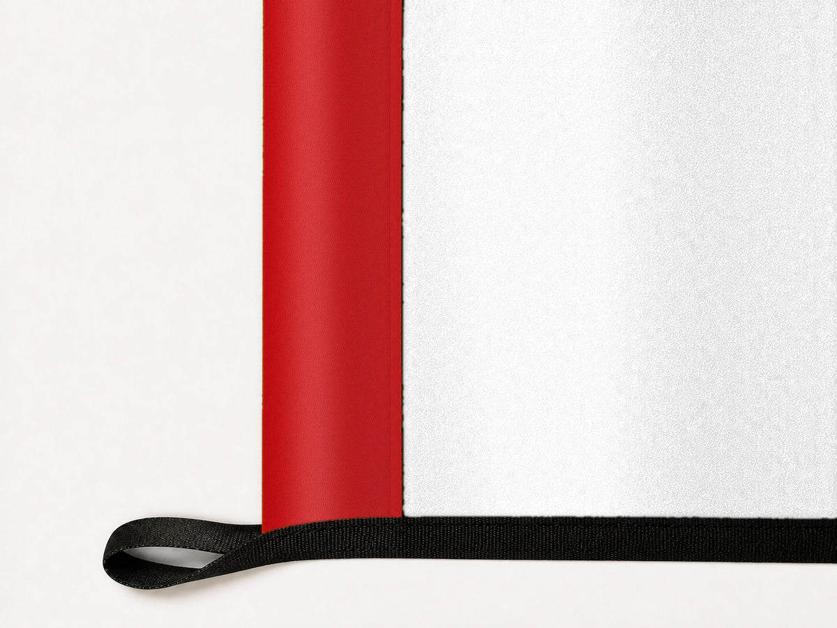 Florida State Flag Authentic Gameday Flag underside and personalization construction view — continuous restrained woven-satin Florida State Flag Accent header, textured Florida State Flag Primary face, lower black loop and perimeter webbing — source_sha256=a00b86f484a3337543b230111e5a6af1f1b6e7417610610ff3ea84b9c30e3e36