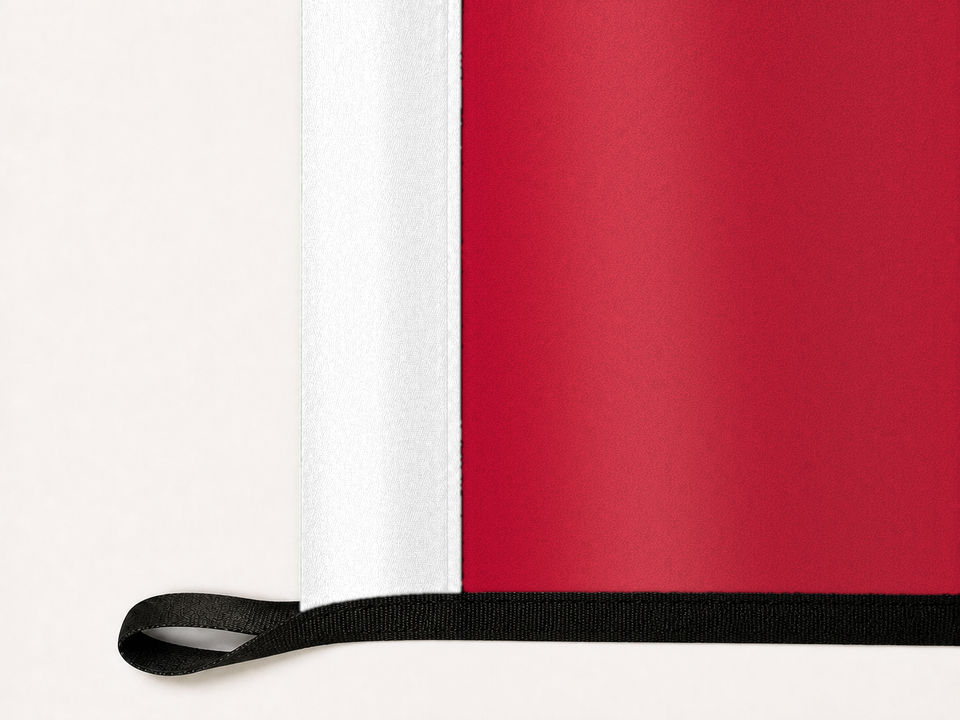 Georgia State Flag Authentic Gameday Flag underside and personalization construction view — continuous restrained woven-satin Georgia State Flag Accent header, textured Georgia State Flag Primary face, lower black loop and perimeter webbing — source_sha256=ef5fc37f98337725721eb35ddf0270644ab1a4c055dbcc2df5278903ed077f12