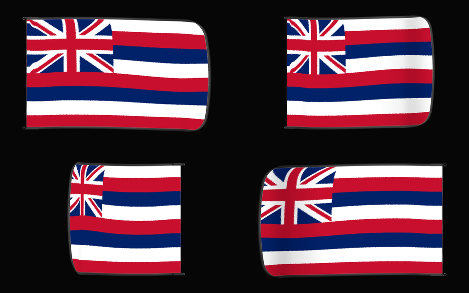 Hawaii State Flag Authentic Gameday Flag — clean black four-view contact proof showing Front Design, Front Flying, Back Flying, and Back Design — source_sha256=da67f2327a37ab6c07a0c4ddf5a6632f3451c36f86fc4a96646a69e5202c2a35