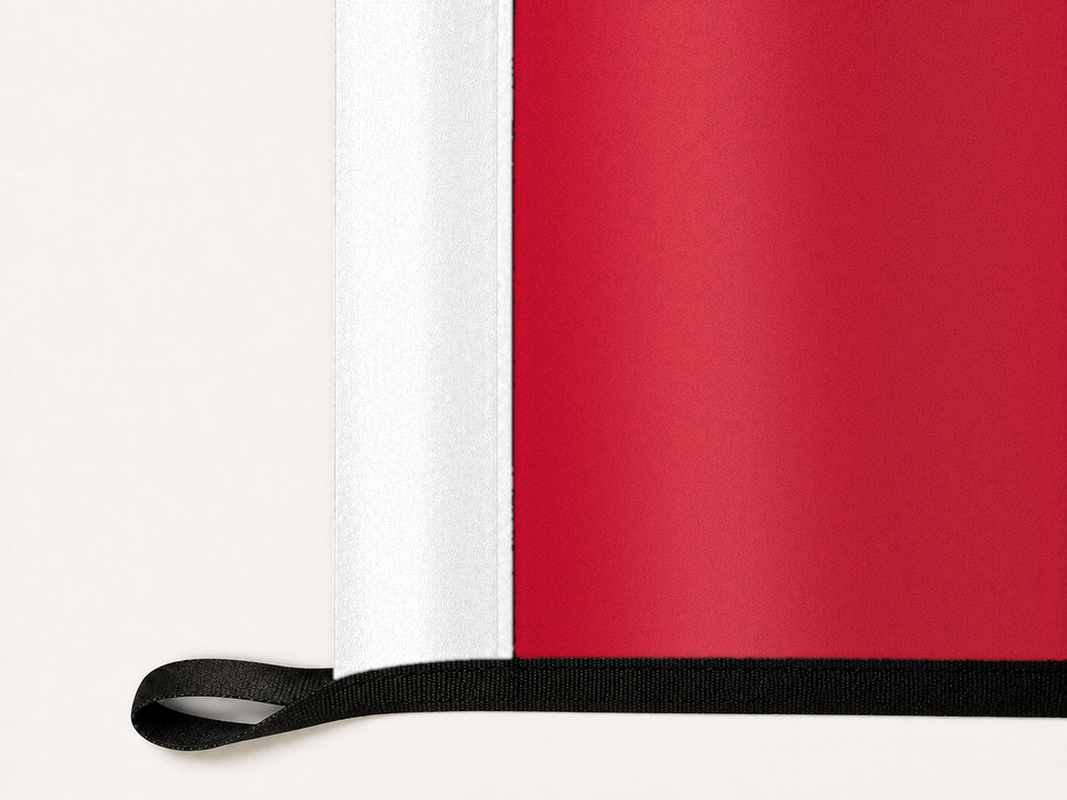 Hawaii State Flag Authentic Gameday Flag underside and personalization construction view — continuous restrained woven-satin Hawaii State Flag Accent header, textured Hawaii State Flag Primary face, lower black loop and perimeter webbing — source_sha256=4636c87b326d4721beeeddd599f44b533d8f57bbeb7d0160c1bf9fa08e4855eb