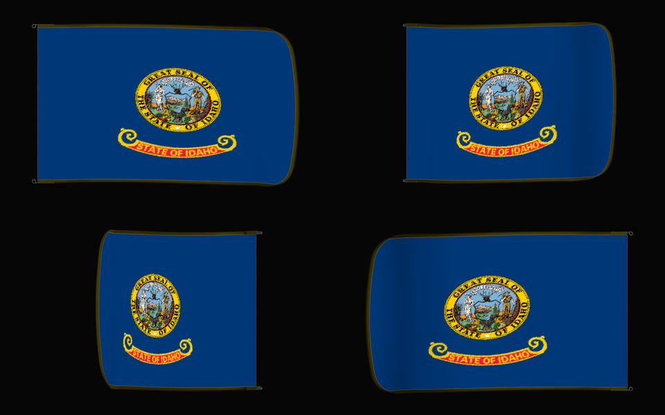 Idaho State Flag Authentic Gameday Flag — clean black four-view contact proof showing Front Design, Front Flying, Back Flying, and Back Design — source_sha256=ce0d625d3af6f587fe93eadab0dab9b71381614244403336a01879b93e49e96e