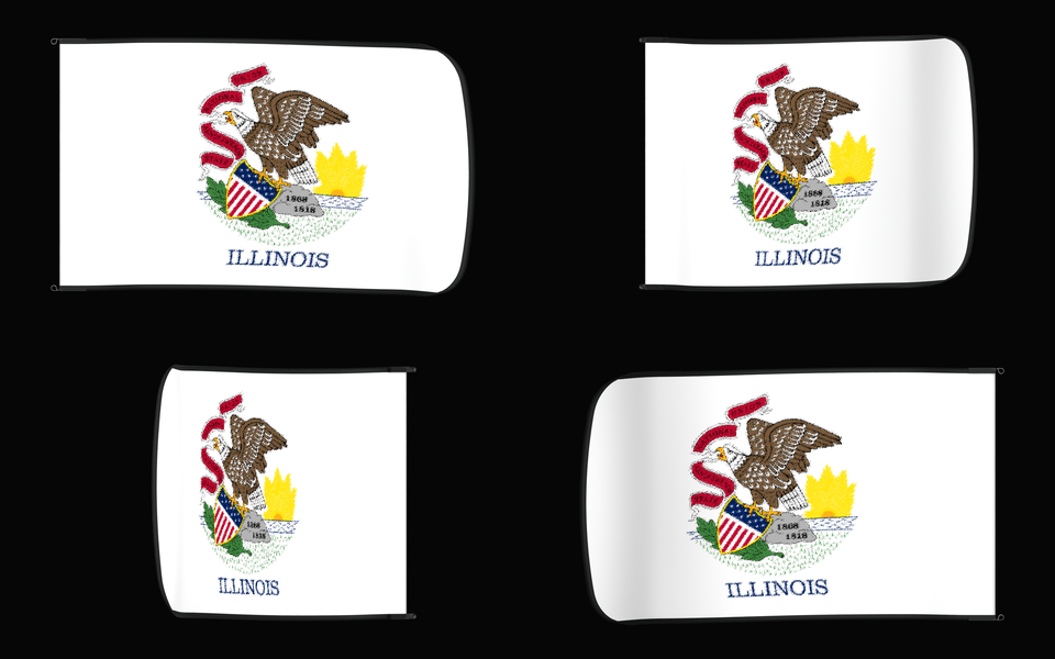 Illinois State Flag Authentic Gameday Flag — clean black four-view contact proof showing Front Design, Front Flying, Back Flying, and Back Design — source_sha256=5b0a85e8ac9255383fee9b4c24a7da86aa2f9286598713020647dd34df25f079
