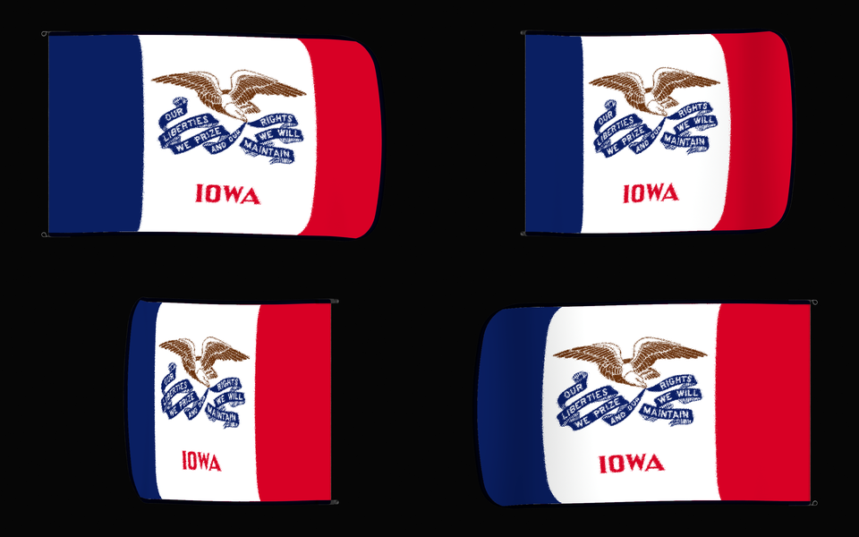 Iowa State Flag Authentic Gameday Flag — clean black four-view contact proof showing Front Design, Front Flying, Back Flying, and Back Design — source_sha256=ca526064b3e103420b3e0762ba0fe9aaafd6e15ef63eb73dc511296d2d030af4