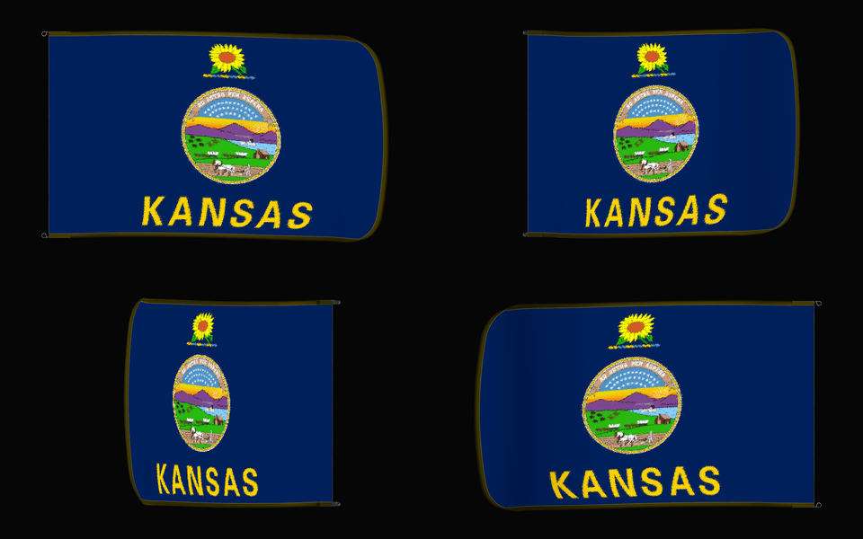Kansas State Flag Authentic Gameday Flag — clean black four-view contact proof showing Front Design, Front Flying, Back Flying, and Back Design — source_sha256=cb0a9a3055e3105cb5e27b13e676dc55c0b1e373ef62252a5eb6eb925d6e8f67