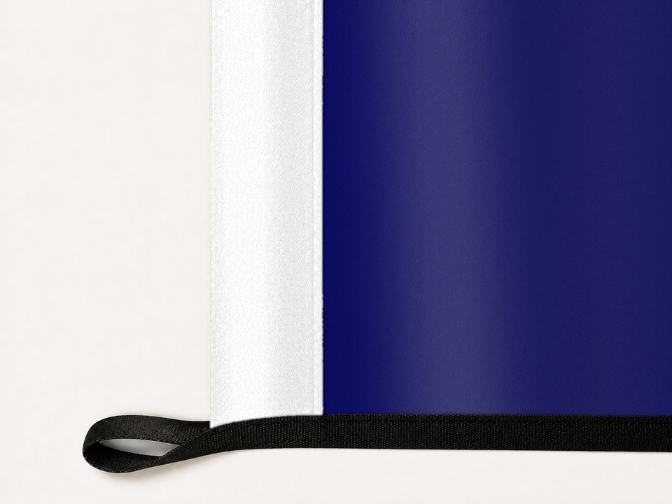Kentucky State Flag Authentic Gameday Flag underside and personalization construction view — continuous restrained woven-satin Kentucky State Flag Accent header, textured Kentucky State Flag Primary face, lower black loop and perimeter webbing — source_sha256=cdf3b8d4598f5e427ebad82481339b4188c5fb4bcb4495b5f802a748c2985321