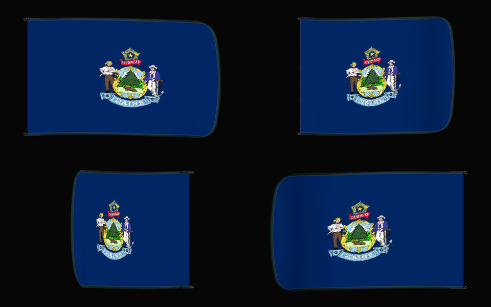 Maine State Flag Authentic Gameday Flag — clean black four-view contact proof showing Front Design, Front Flying, Back Flying, and Back Design — source_sha256=f5b9821ecce8e103f5ec12b7c2658bb9bf00f0016d5ceca8d2c7f8f0e8342ce4