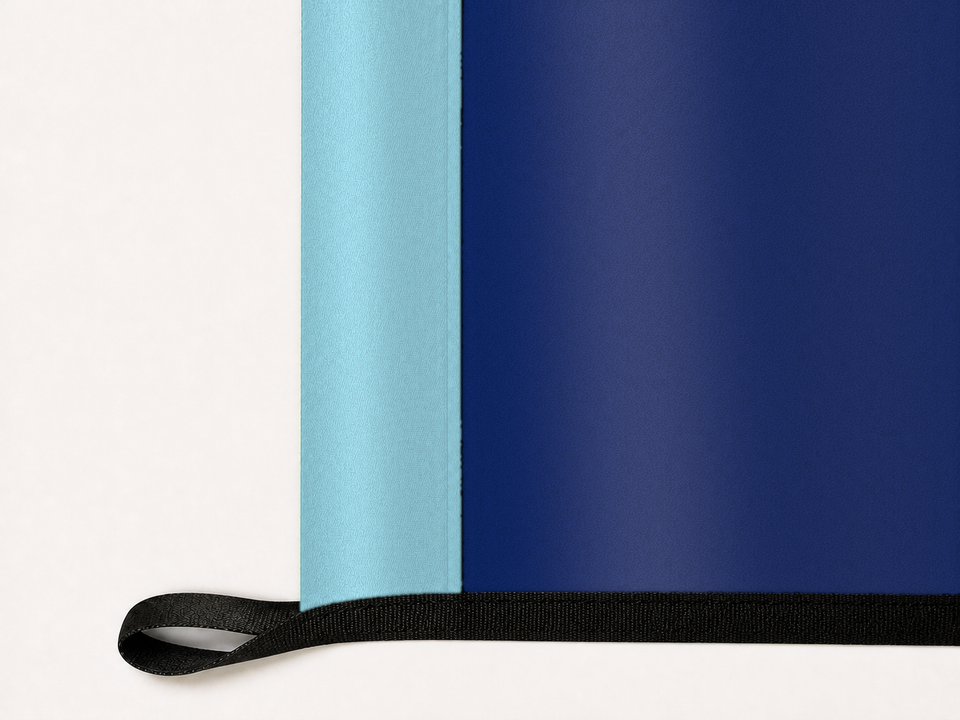 Maine State Flag Authentic Gameday Flag underside and personalization construction view — continuous restrained woven-satin Maine State Flag Accent header, textured Maine State Flag Primary face, lower black loop and perimeter webbing — source_sha256=b88b5052c1a2855fb0c22ef0ef823240327fb5cad252e8fc25e2d1120ba3cbb0