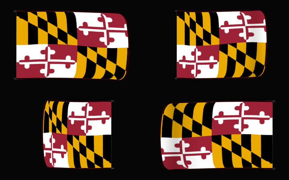 Maryland State Flag Authentic Gameday Flag — clean black four-view contact proof showing Front Design, Front Flying, Back Flying, and Back Design — source_sha256=73631ff8b3b8bad1431da66b46746bae382a2e0f062dd58bcd5224ad881718ae